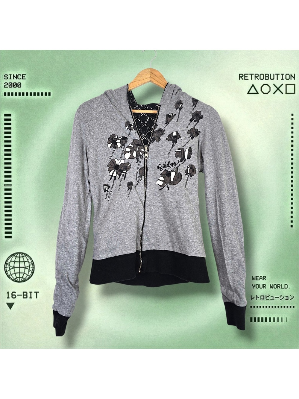 Y2K Billabong Reversible Zip Up Hoodie Sweatshirt Black Gray Size M